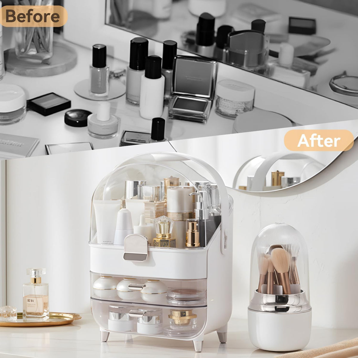 Makeup Organizer for Vanity with Brush Holder, Lid and 2 Drawers, Sliver