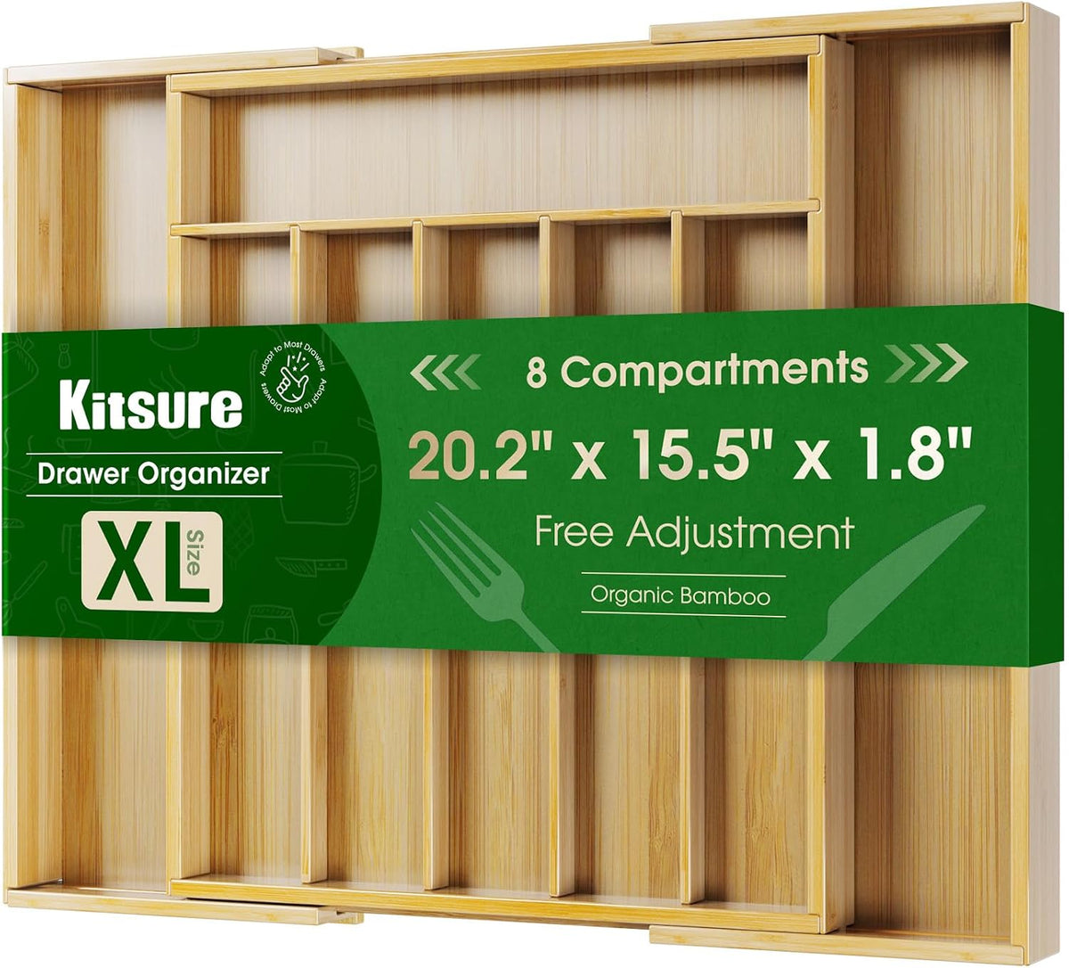 Kitsure Silverware Organizer, Bamboo Kitchen Drawer Tray, Natural, X-Large