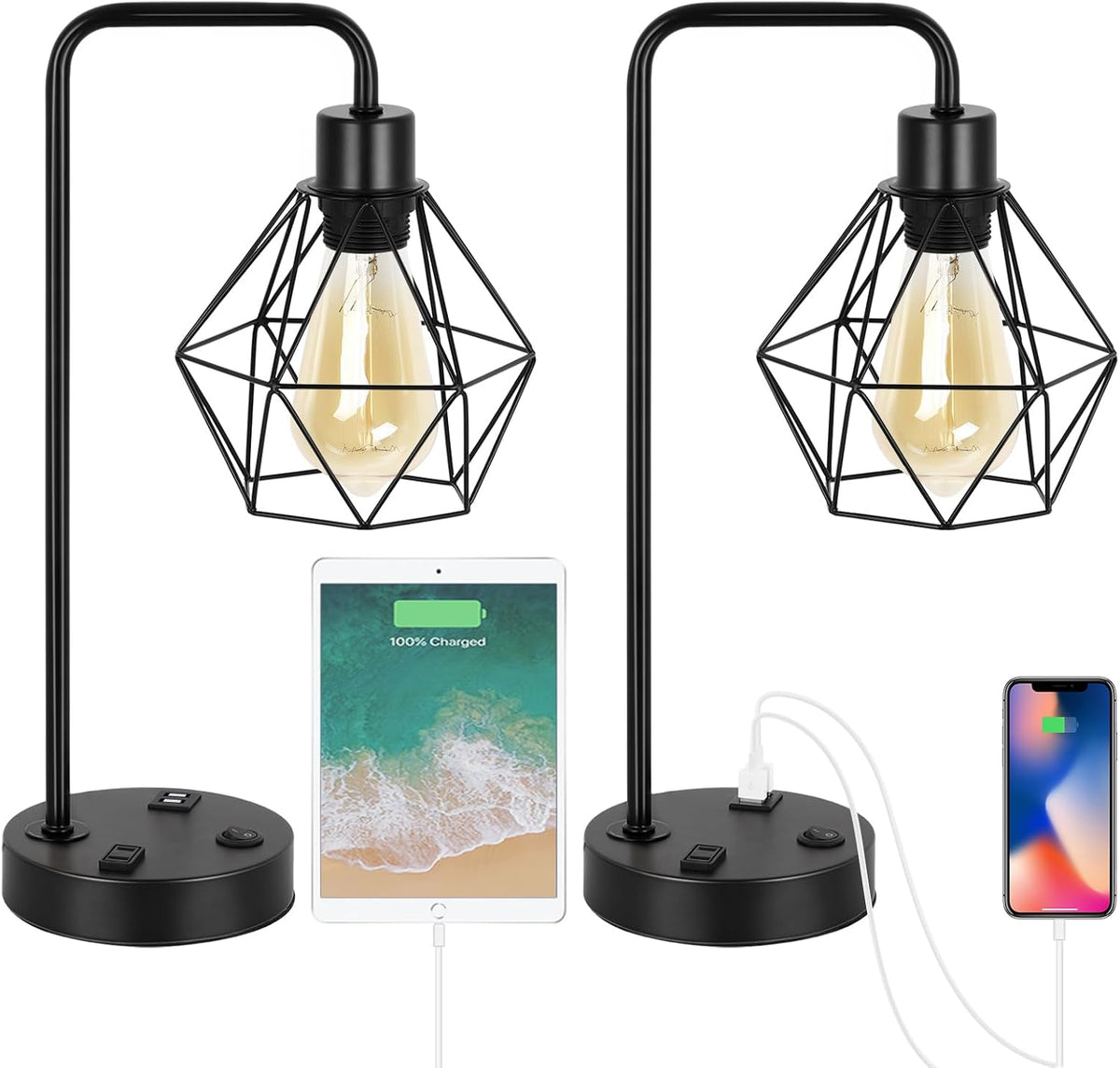 BTY Industrial Table Lamps Set of 2 Vintage Desk Lamp Metal Cage Nightstand B...