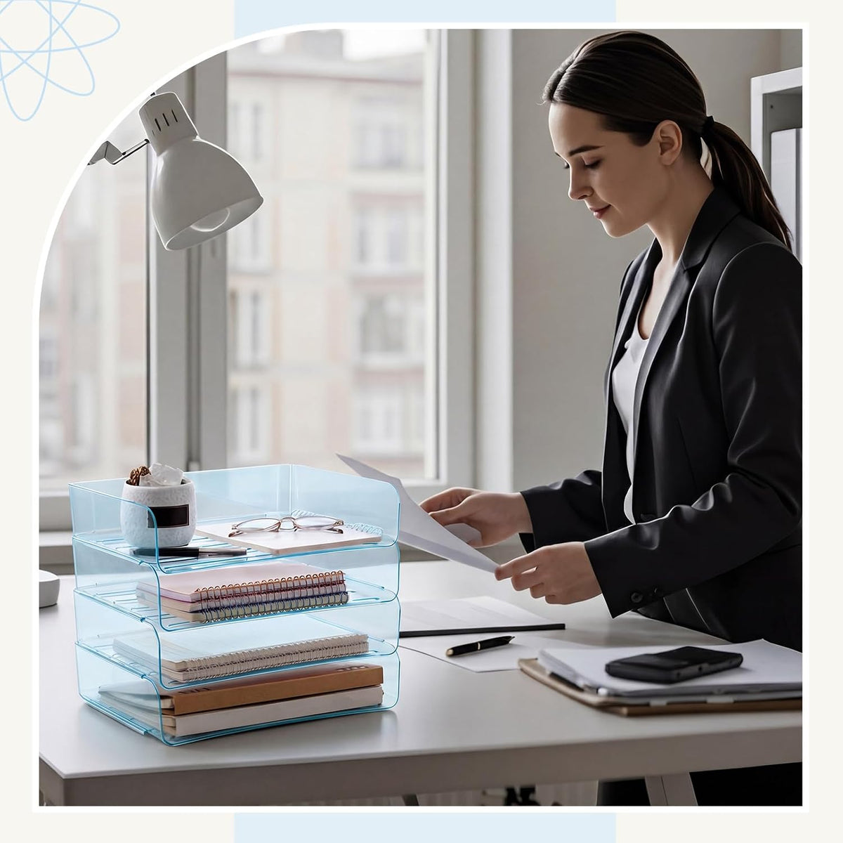 Harloon 4 Tier Clear Blue Acrylic Paper Organizer Letter Tray, Aesthetic Stac...