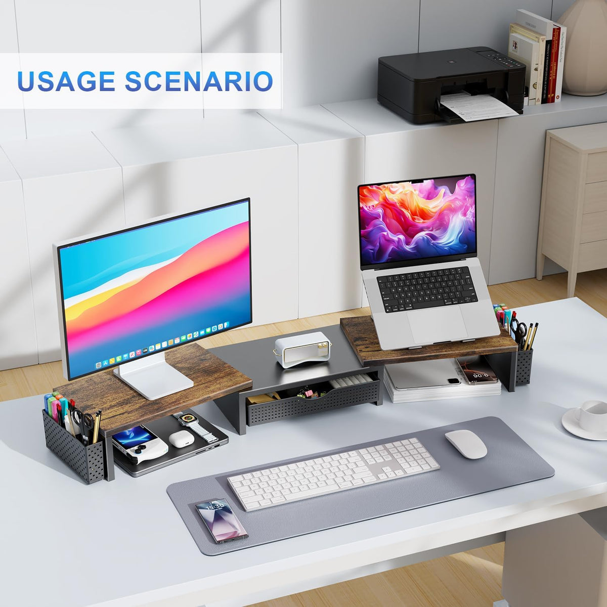 gianotter dual monitor stand riser with drawer and, close-up detail