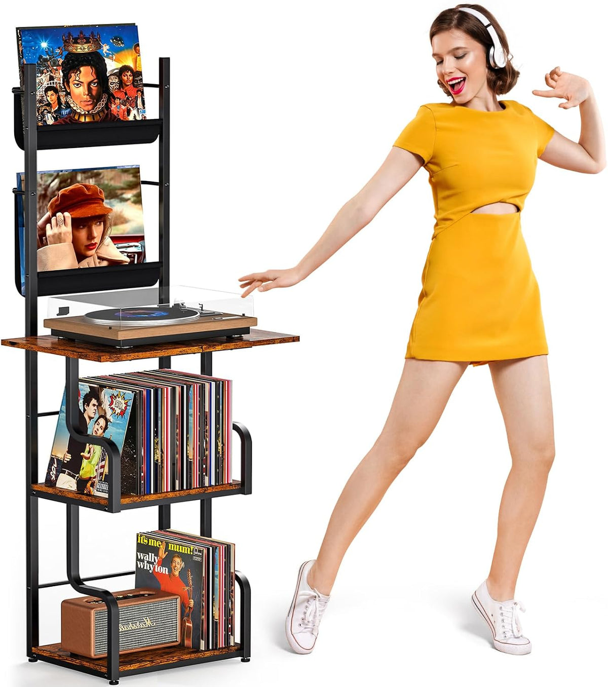 TJ.MOREE Record Player Stand with Vinyl Storage, Tall Record Player Table wit...
