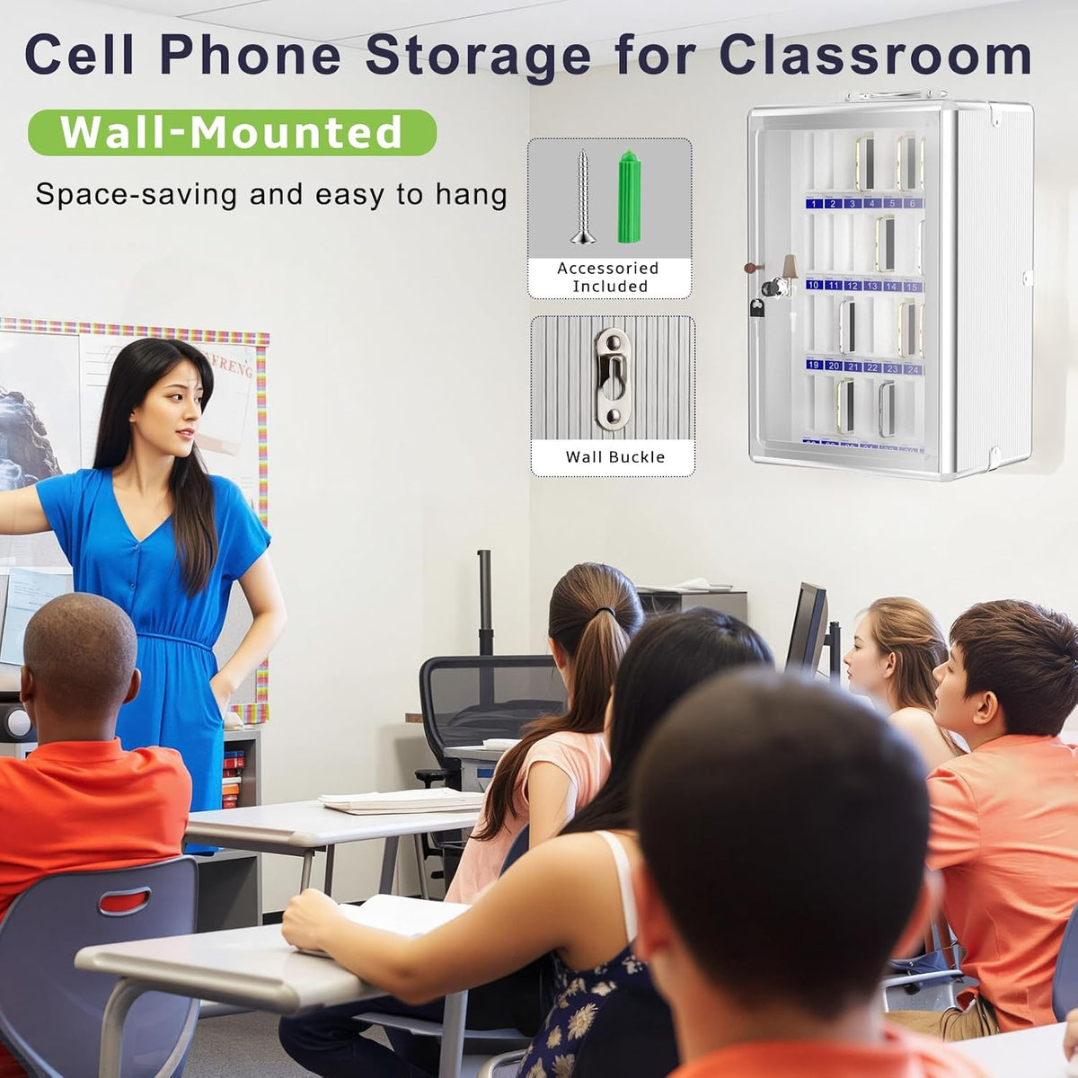 Aluminum Alloy Cell Phone Lock Box Holder for Classroom, 36 Slots, Silver