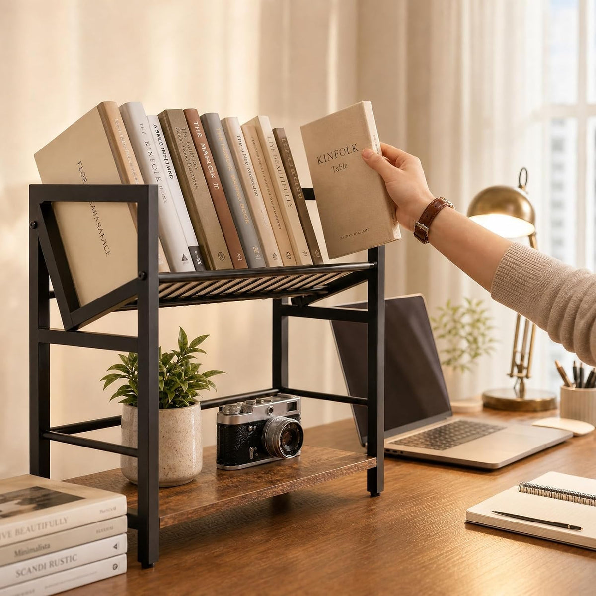 2-Tier Desktop Bookshelf, Office Desk Shelf Organizer, Slanted Book Rack