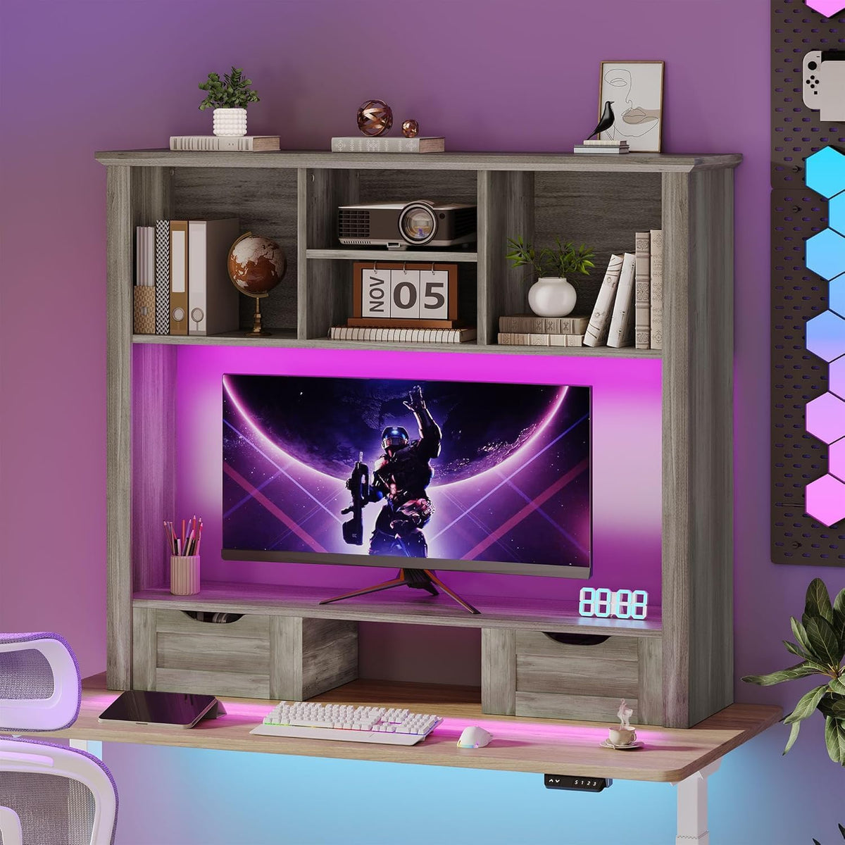 Desk Shelf with Computer Monitor Stand, 37.4''W Desktop Bookshelf