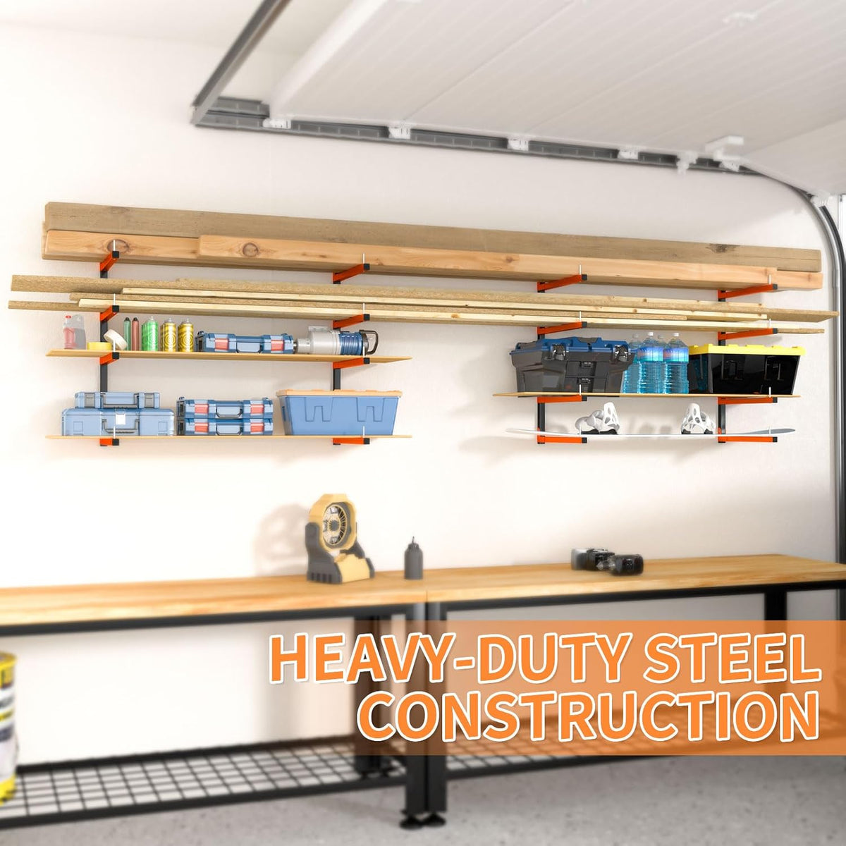 lumber storage rack, wall mount foldable & adjustable, front angle view