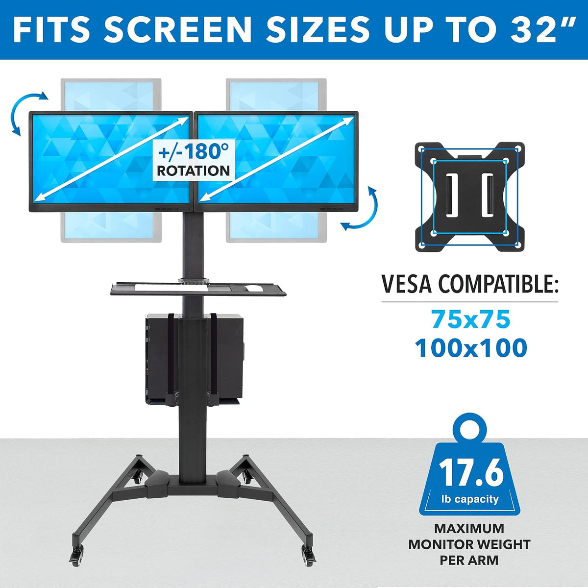 Mount-It! Dual Monitor Computer Cart – Mobile Standing Desk with Wheels, Roll...