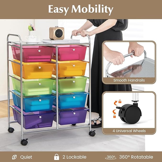 LDAILY 10 Drawer Rolling Cart, Storage Cart Organizer on Wheels, Drawer Cart - Image 4