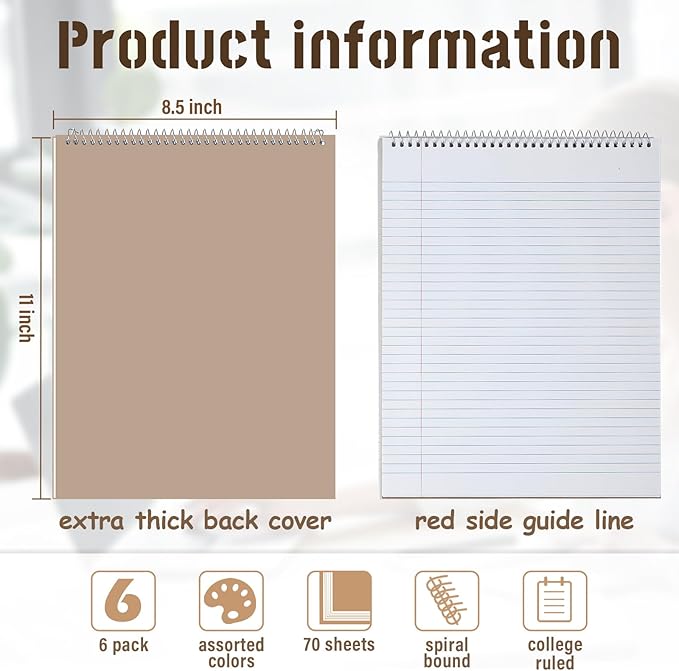 Maitys 6 Pcs Legal Pad Steno Spiral Notebook 8.5 x 11 Inches Top Bound Spiral - Image 2
