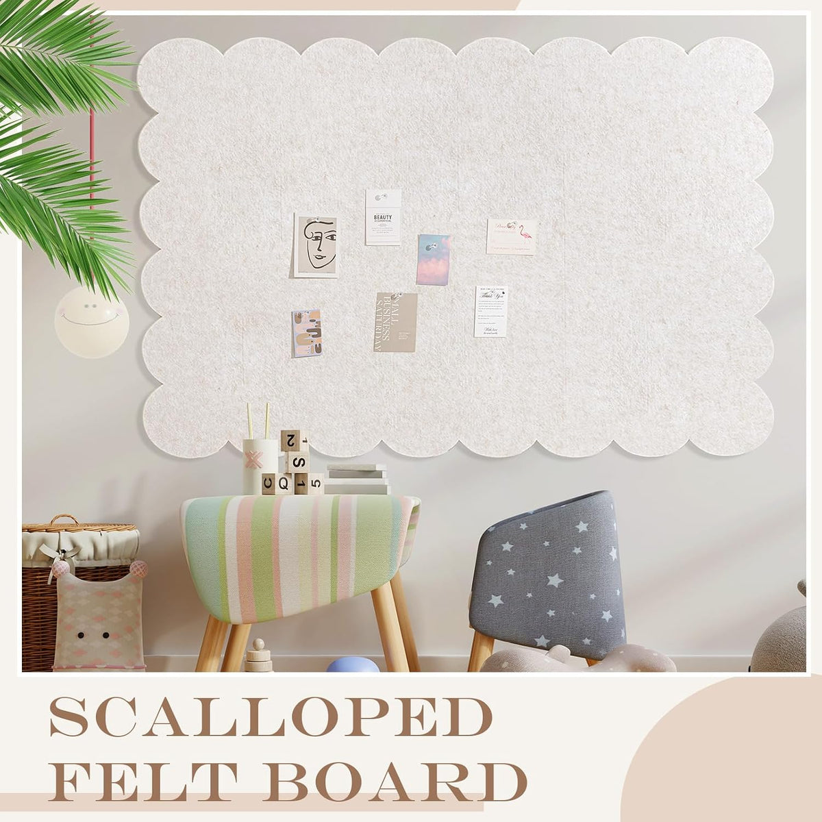 Mooliwe Scalloped Felt Bulletin Cork Board Foldable Beige 72 x 48 Inch