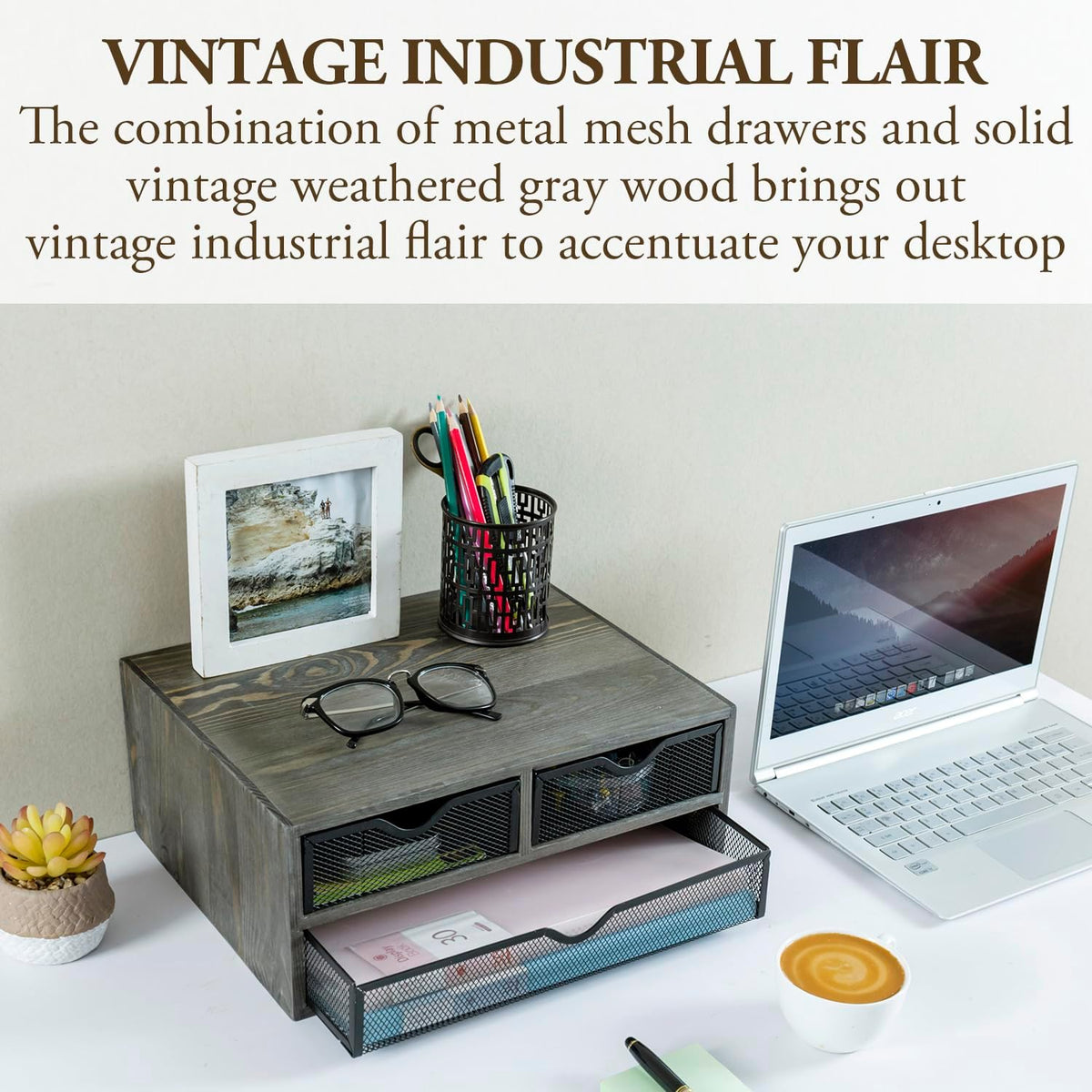 MyGift Vintage Weathered Gray Solid Wood Desktop Organizer Box with 3 Removab...