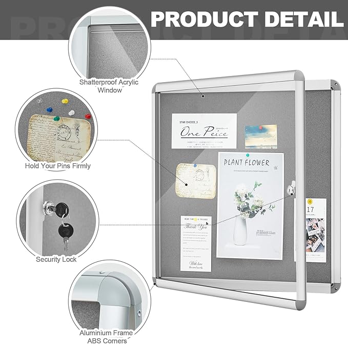 Geetery 26 x 28 Inch Enclosed Fabric Bulletin Board Tamperproof Lockable - Image 3