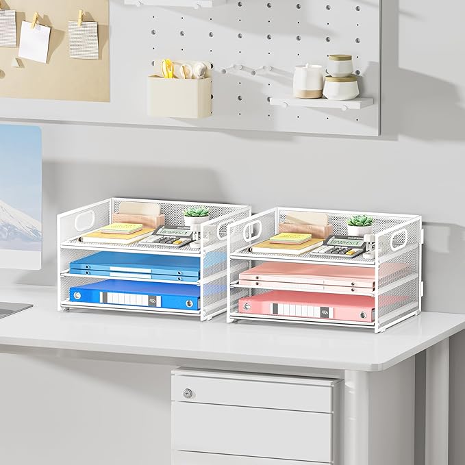 Subekyu 2-Pack 3-Tier White Metal Mesh Desk Paper Letter Tray & File Sorter - Image 3