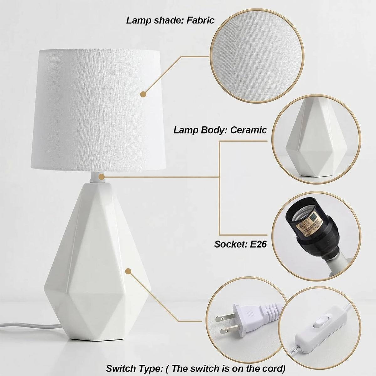 SOTTAE 15" Modern Small Ceramic Table Lamp, White Irregular Geometric Be...