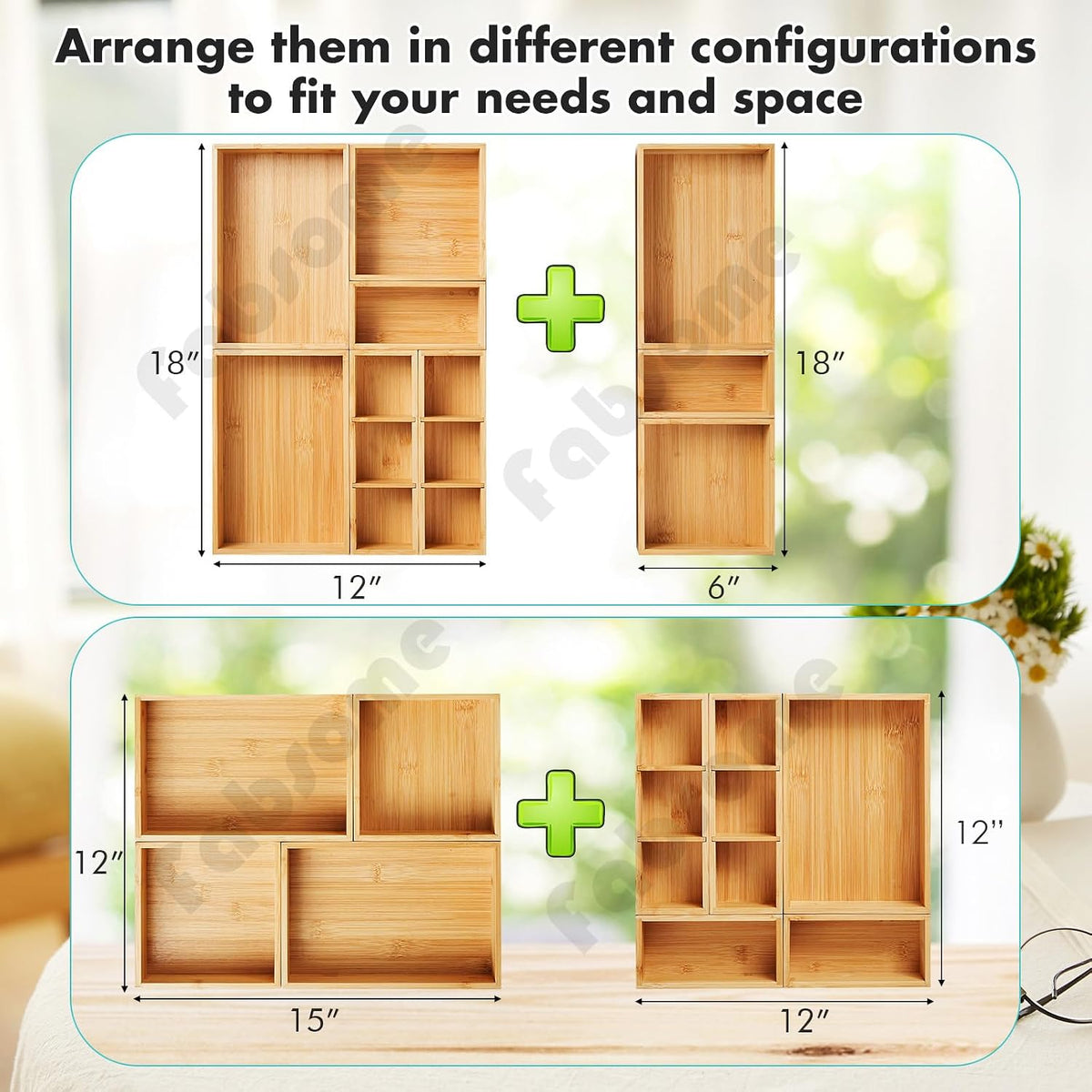 fabsome drawer organizer, set of 9 bamboo wood on a desk or shelf