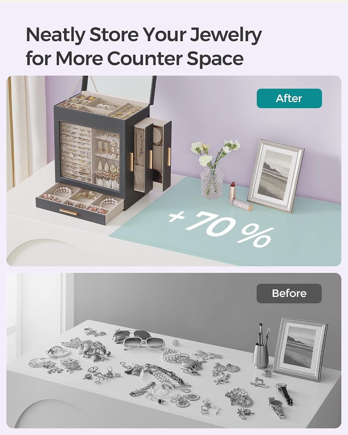 SONGMICS 5-Layer Jewelry Box with Glass Window, 3 Side Drawers