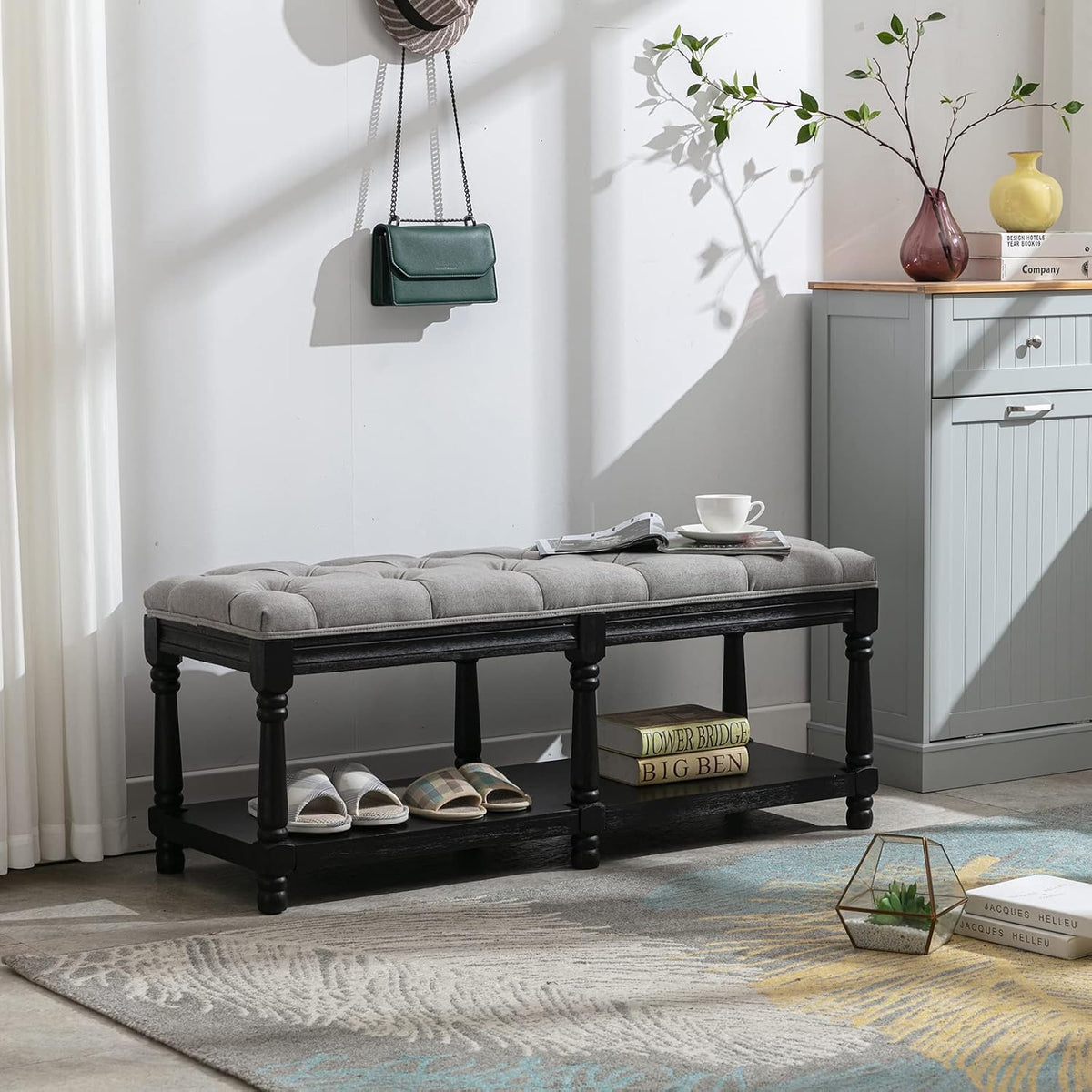 DUOMAY Mid-Century Tufted Storage Bench with Shelf, Linen Upholstered Farmhou...