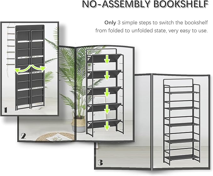 4NM No Assembly 5 Tiers Folding Bookshelf Storage Shelves Vintage Bookcase - Image 6