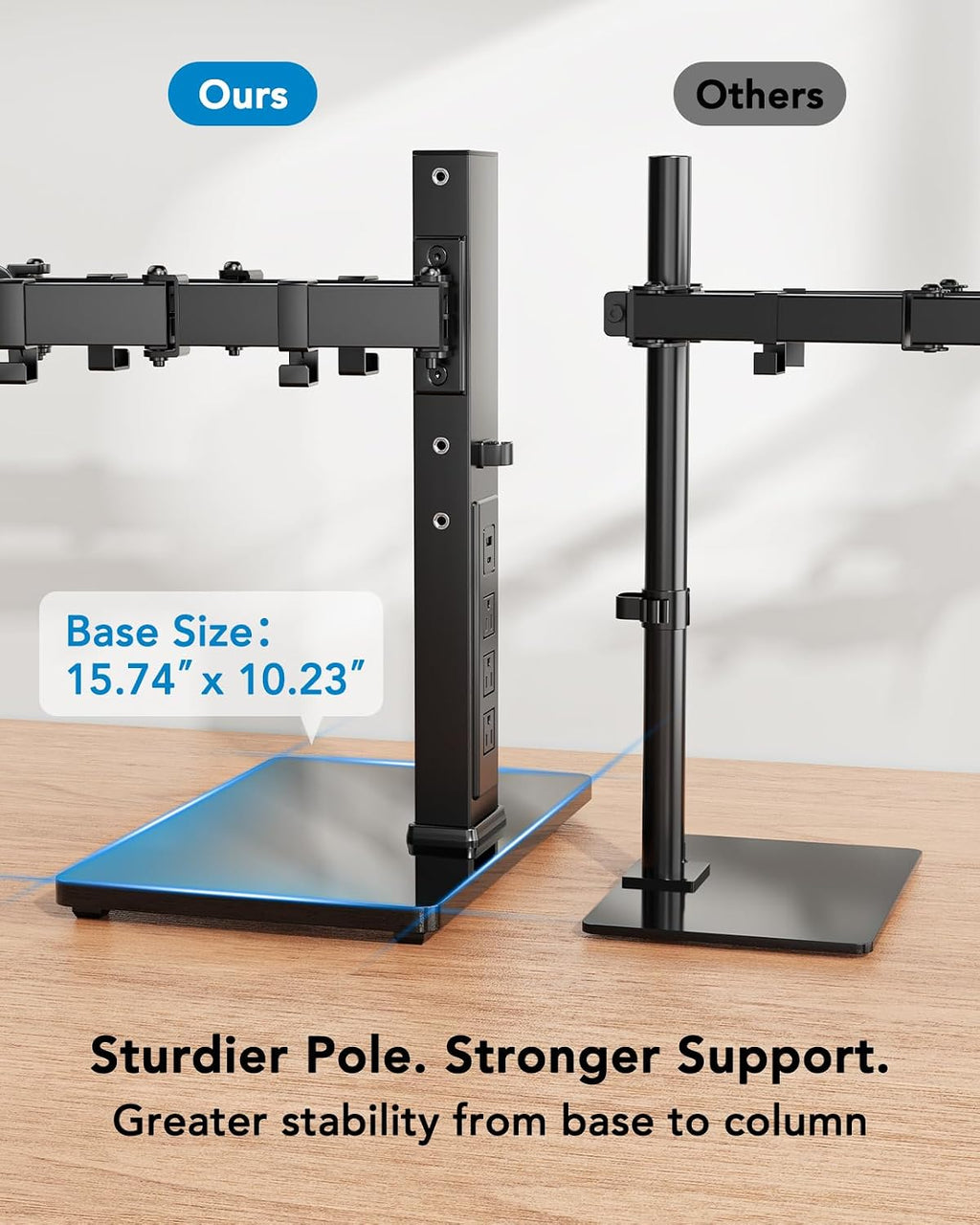 huanuo dual monitor mount with power outlet, computer showing dimensions