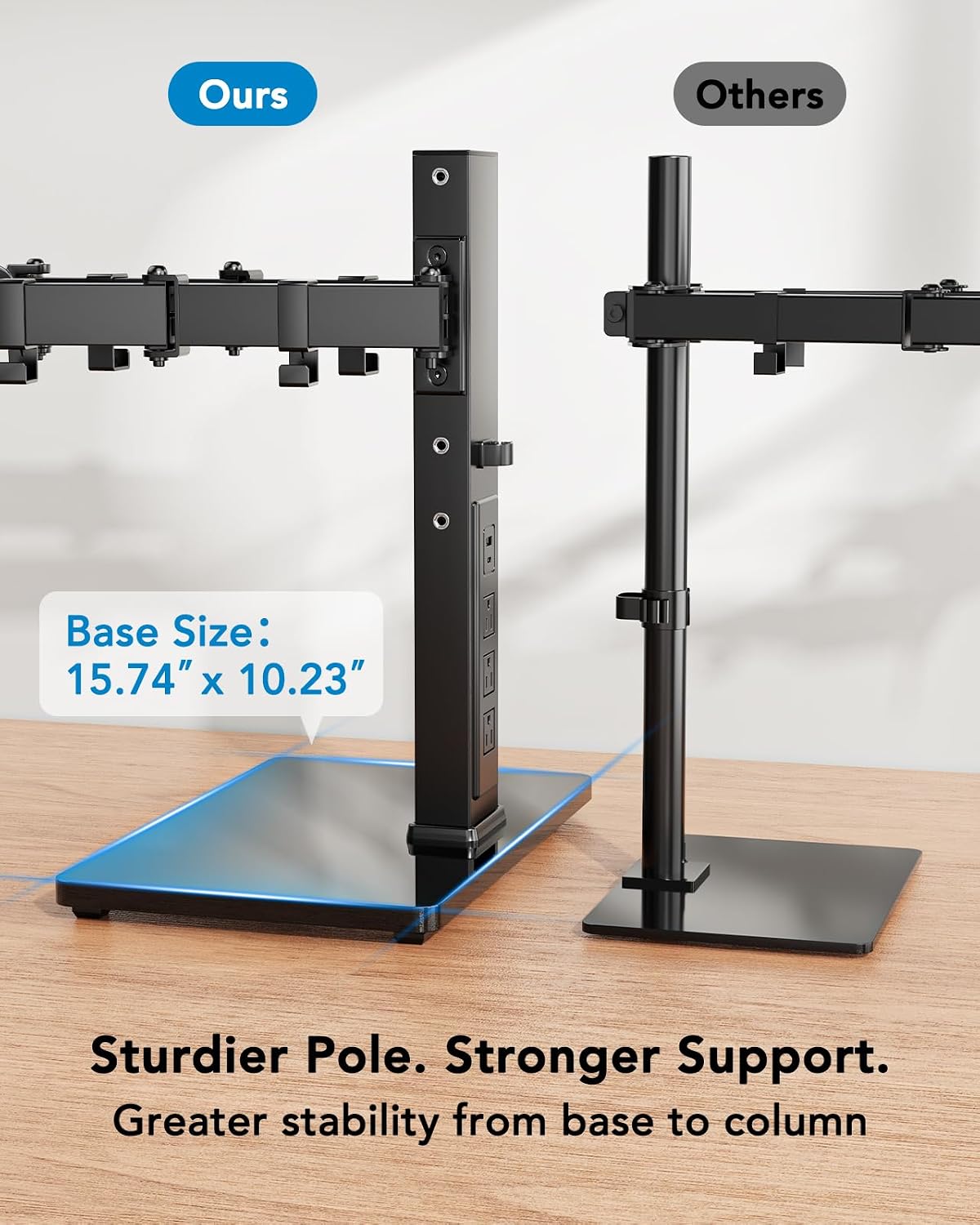 huanuo dual monitor mount with power outlet, computer showing dimensions