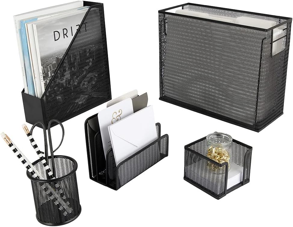 BLU MONACO Black Desk Organizer Set | 5-Piece Metal Office Supplies Collectio...