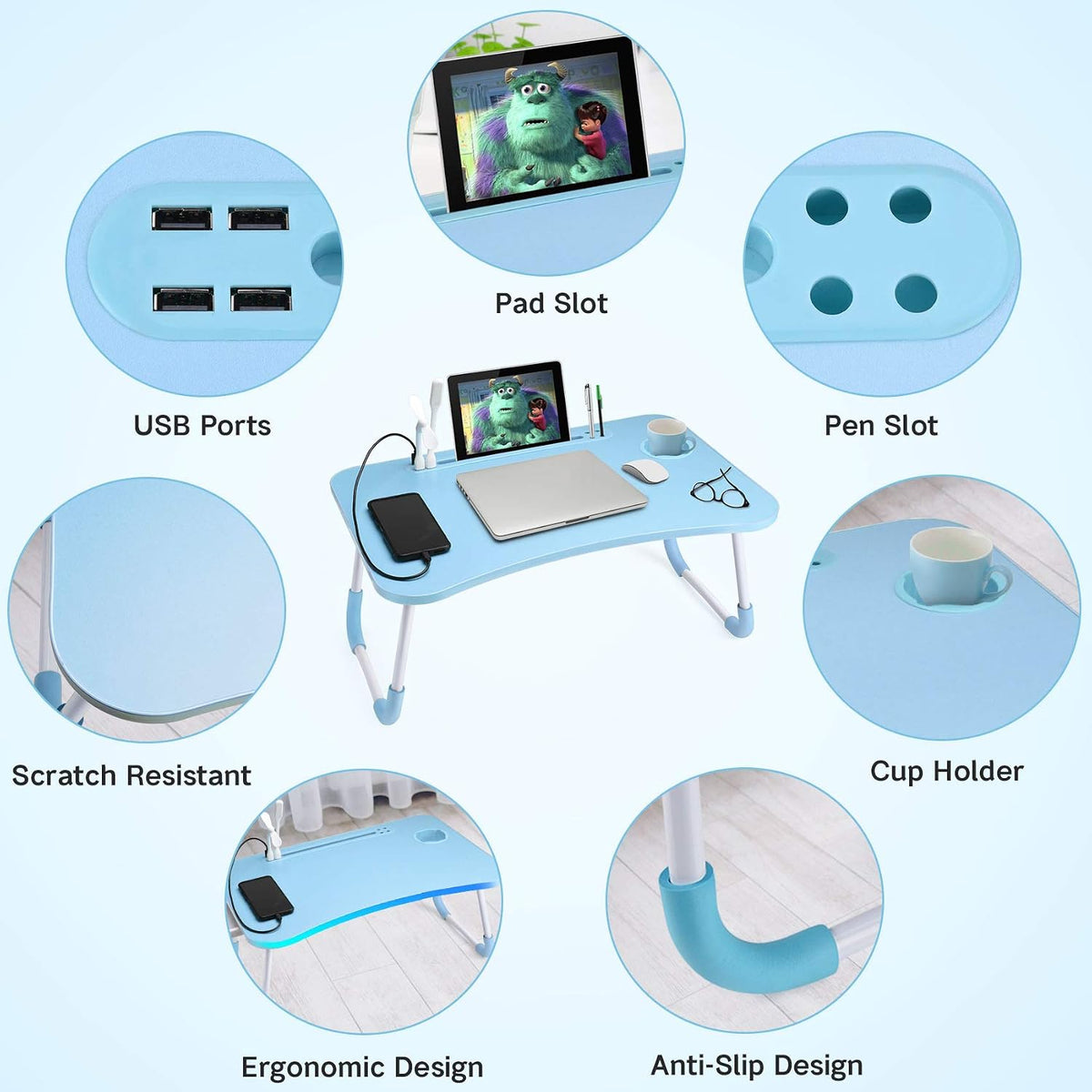 Slendor Foldable Lap Desk with Cup Holder for Bed, Couch, Floor