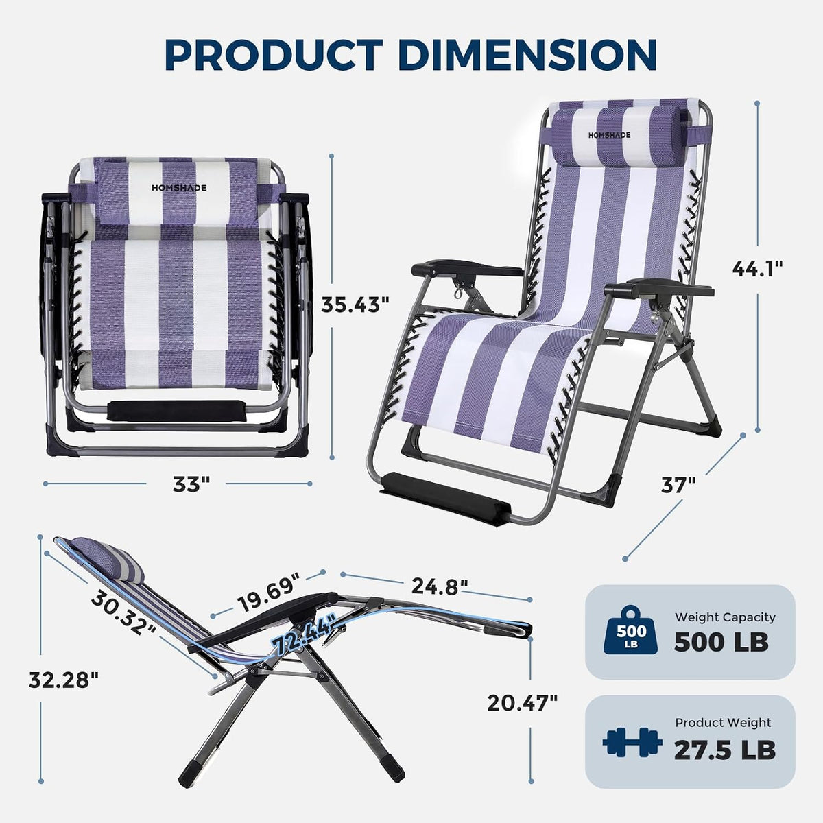 HOMSHADE 33 Inch XXL Oversized Zero Gravity Chair,Support 500LBS,Blue&White