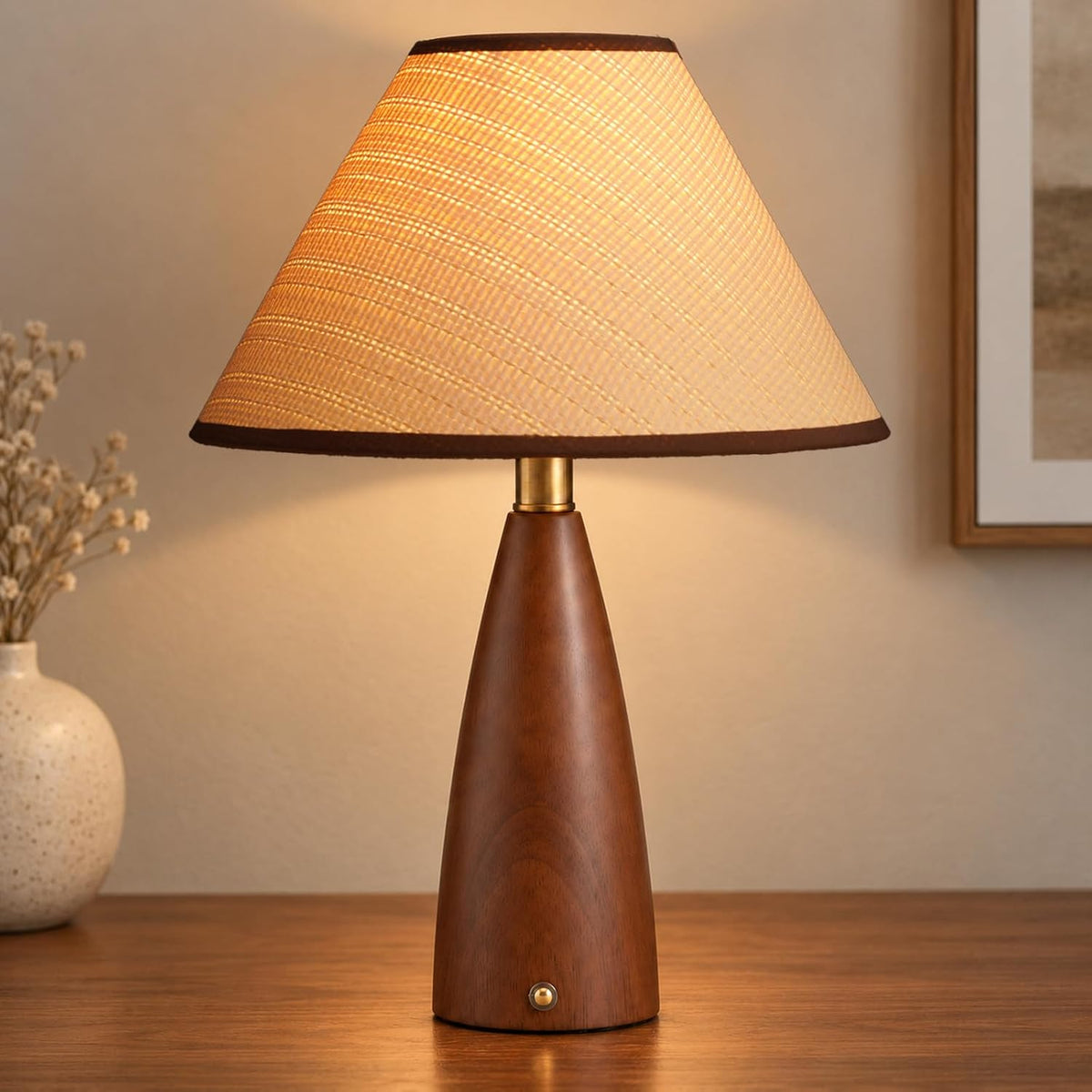 Mid Century Modern Touch Table Lamp with Brown Wooden Base