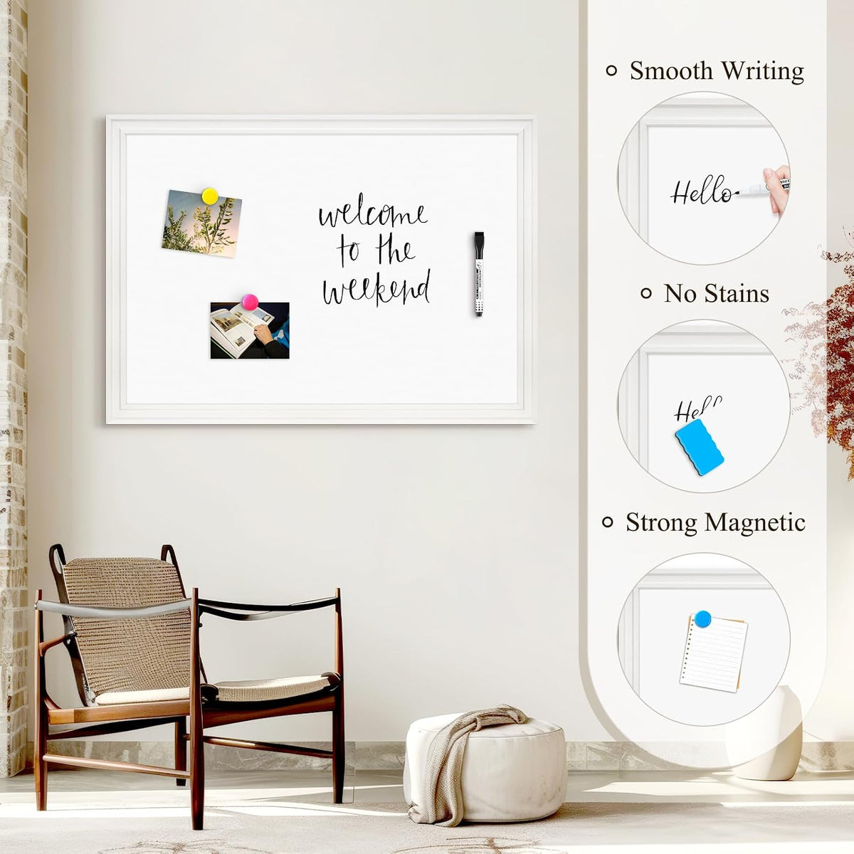 4 THOUGHT Dry Erase Board, 24" x 18" Magnetic Whiteboard, White