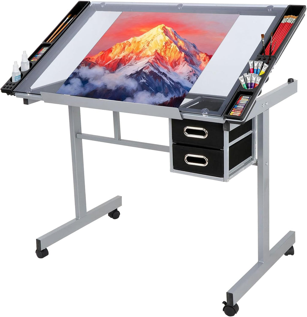 JupiterForce Adjustable Drafting Table Art Desk Drawing Table Versatile Art Craft Work Station Glass Tabletop w/2 Slide Drawers and Wheels for Reading, Writing, Painting Home Office