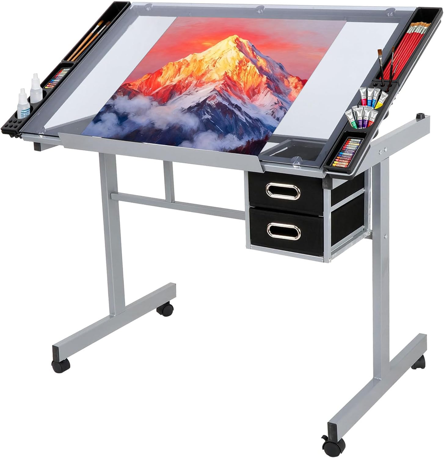 JupiterForce Adjustable Drafting Table Art Desk Drawing Table Versatile Art Craft Work Station Glass Tabletop w/2 Slide Drawers and Wheels for Reading, Writing, Painting Home Office