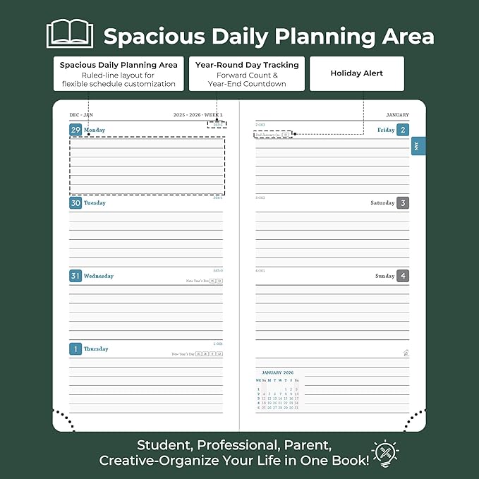 IN-LUXPRO Planner 2026 Daily Weekly and Monthly, 6.5"x3.75", 12 Months Spiral - Image 3