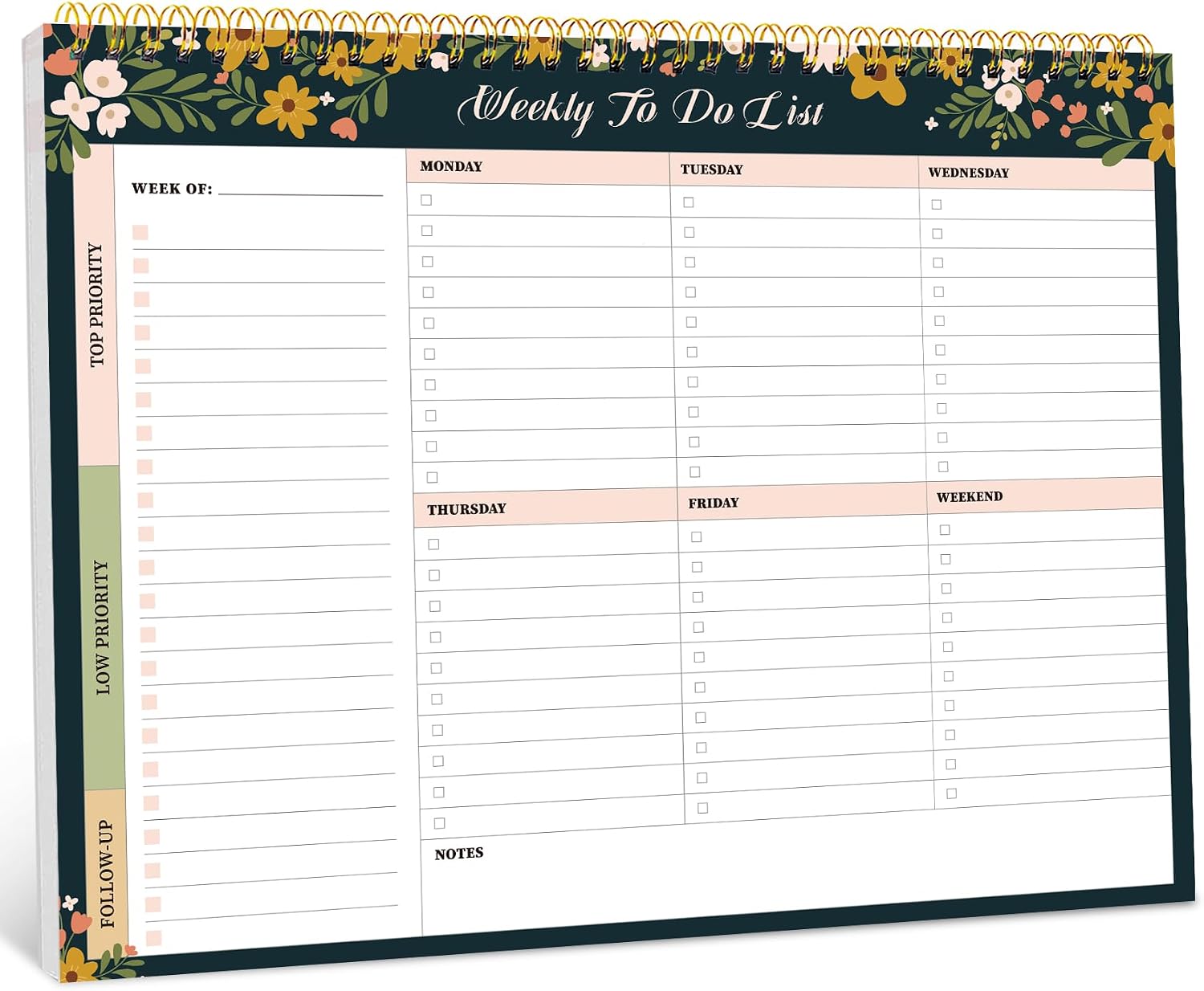 Weekly To Do List Notepad, Undated Weekly Planner Pad, 8.5" x 11" | Large Desk Planner, Weekly Task Planning, College School Supplies, for Home and Office, 52 Sheets, Rustic Floral