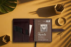 leather sketchbook cover for 5.5 x 8.5 sketchbook, front angle view