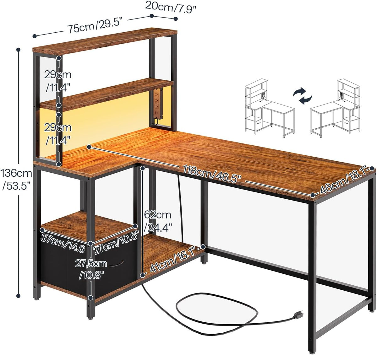 HOOBRO L Shaped Gaming Desk, 46 Inch Reversible Computer Desk with LED Light ...