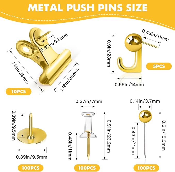 GOOLADA 315Pcs 5 Style Gold Push Pins, Decorative Push Pins, Cute Pushpin Clip - Image 2