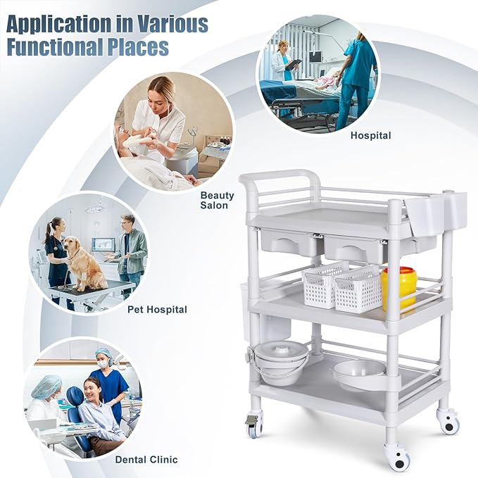 Mobile Medical Carts 3 Tier Professional Utility Cart 330 LBS Max Load Rolling - Image 9