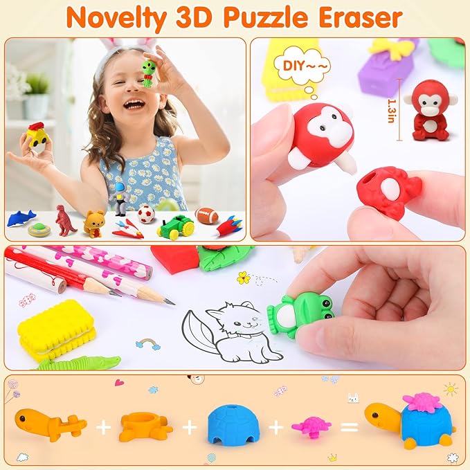Palmatte 140PCS Mini Animal Erasers Bulk Kids Prizes Treasure Box Toys - Image 6
