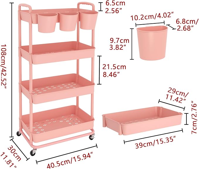 JIUYOTREE 4-Tier Plastic Rolling Storage Cart Utility Cart - Image 2