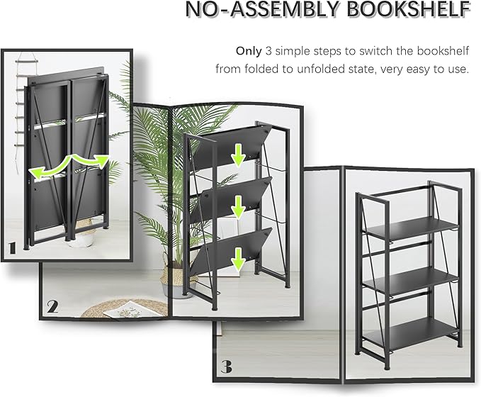 4NM No Assembly Folding Bookshelf Storage Shelves 3 Tiers Vintage Bookcase - Image 5