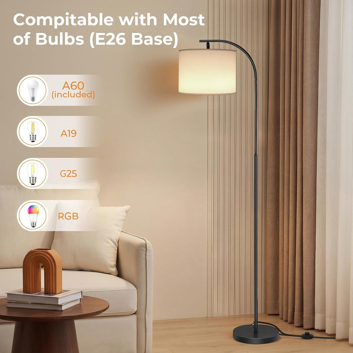 SIBRILLE Floor Lamp with Linen Shade, Arc Dimmable Tall Standing Lamp with Re...