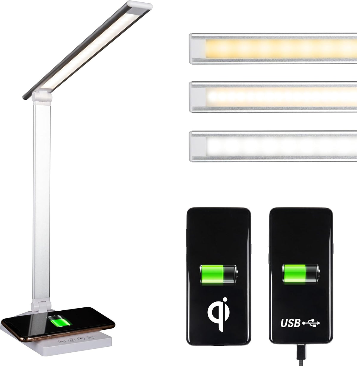 OttLite Entice LED Desk Lamp with Wireless Charging, White and Silver