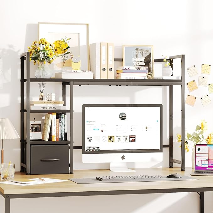 Desk Shelf with Drawer, 41.3" Desktop Organizer Shelf, Desk Hutch - Image 2