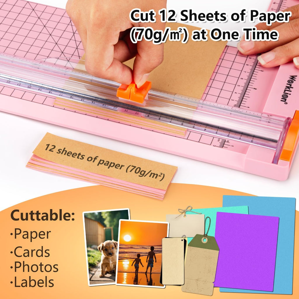 Straight Paper Cutter For crafting – Pink 12 Inch Paper Trimmer With Security Safeguard and Side Ruler, Perfect for Cardstock, Coupon,Photos and Crafting Paper.