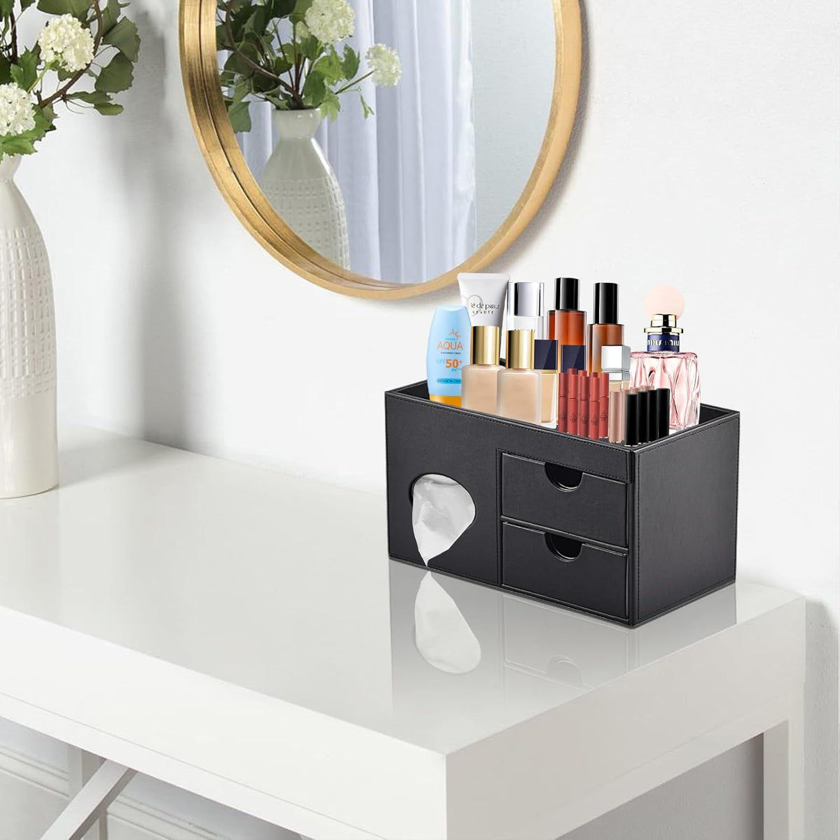 Square Tissue Box Cover with Drawers,Tissue Box Holder with Storage Tray, Mak...