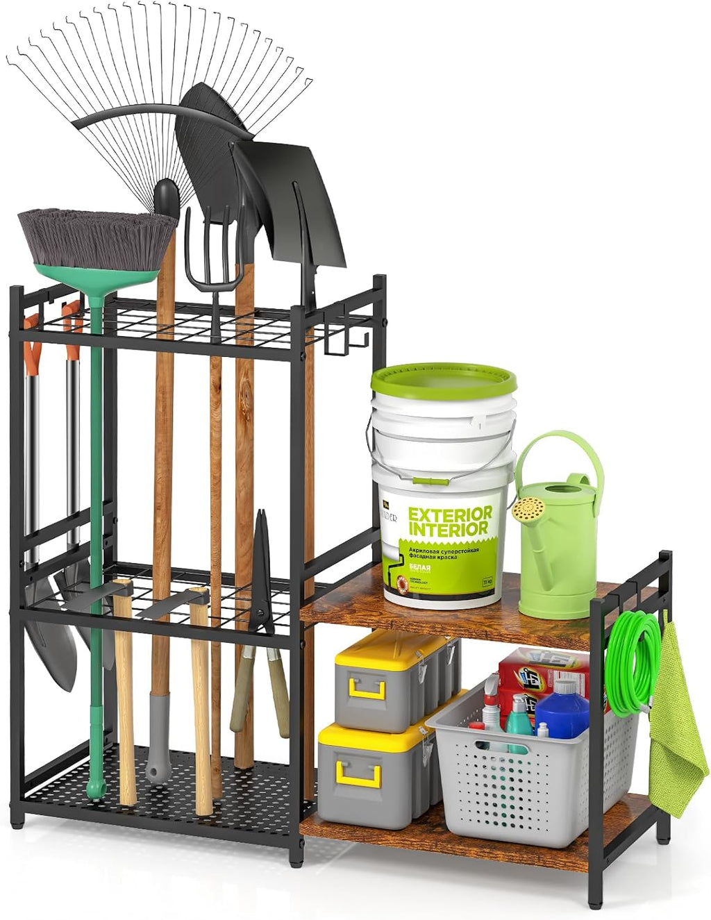 daoutime garage tool organizer with 2-tier wooden shelves, main product view