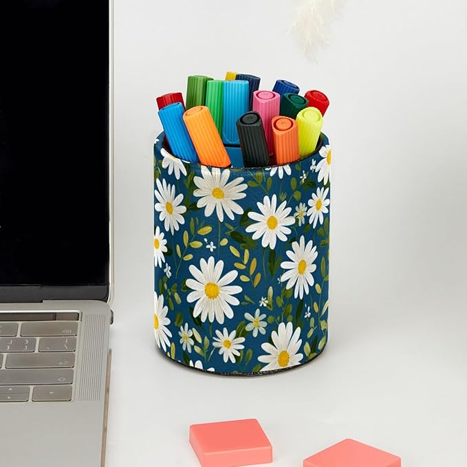 Leather Pen Holder for Desk Small Daisies Leaf Pencil Cup Desktop Organizer - Image 5