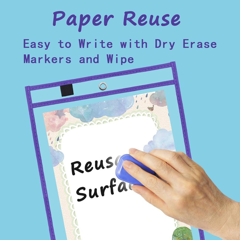 30 Pack Oversized Dry Erase Pockets Sleeves Reusable Ticket Holders, Clear Plastic Sheet Page Protectors, Heavy Duty Work Pockets School Teacher Classroom Office Organization Supplies, 10 Color