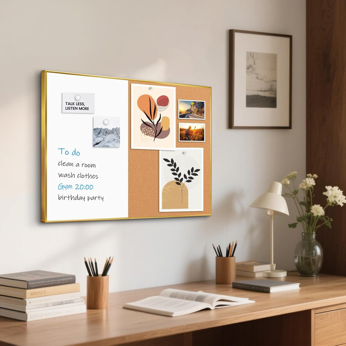 Magnetic Dry Erase White Board & Cork Board Combo, 24"x18", Wal...