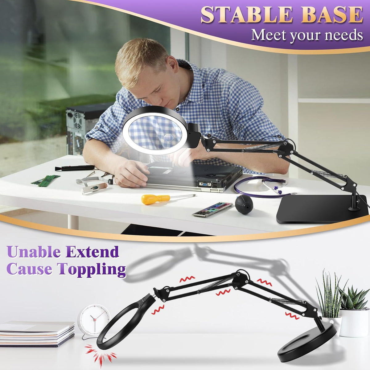 30X 10X Large Magnifying Glass with Light and Stand,Lighted Magnifier